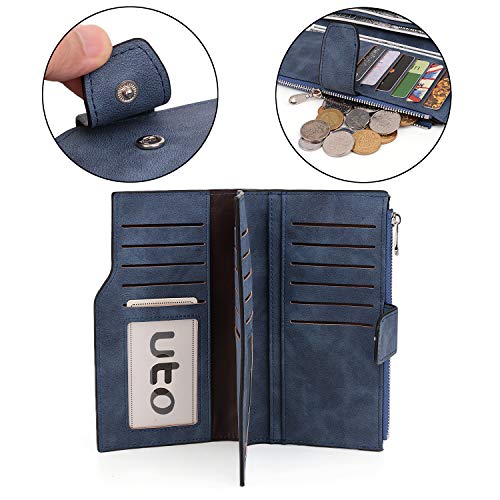 UTO RFID Wallet for Women PU Matte Leather Card Holder Organizer Zipper Coin Purse with Snap Closure Blue4