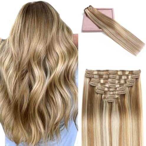 Clip in Hair Extensions Real Human Hair 3.4oz/90g Clip ins 100% Human Hair Extension for Women 8pcs Per Set with 18 Clips Double Weft (14 Inch #16/22 Light Blonde to Golden Blonde)