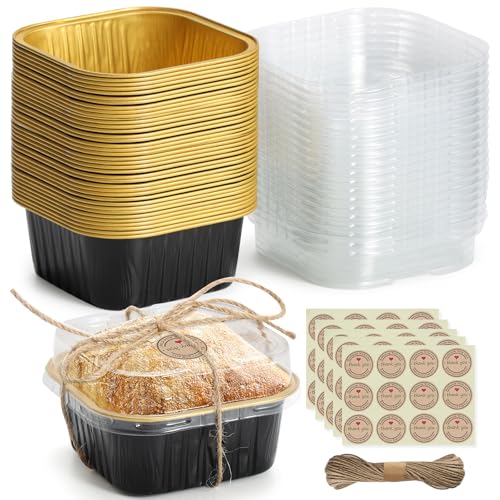 Mini Square Baking Cups with Lids, 50 Pcs 5oz Aluminum Foil Cupcake Tins with Lids, Disposable Ramekins Flan Cake Pans Tins for Souffle, Dessert, Fruit, Wedding, Party Small Cake Containers