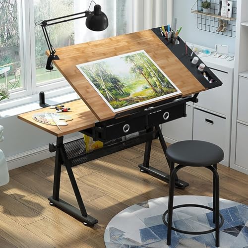 Drafting Tables Adjustable Drafting Table with Stool, Tiltable Draft Desk Drawing Table, Bamboo/Sood Tabletop Drawing Table, with Storage and Drawers, Art Desk for