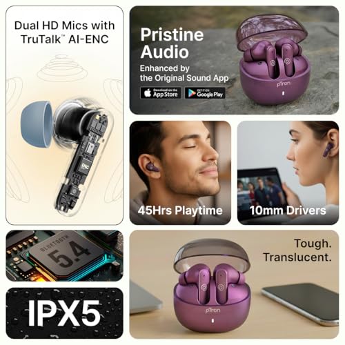 Image of pTron Bassbuds Indie in-Ear TWS Earbuds w / 10mm Drivers, 45Hrs Playtime, Dual HD Mic & AI-ENC Calls, Custom EQ, Mobile App, BTv5.4 Earphones, Voice Assistant, Type C Charging & IPX5 (Plum Perfect)