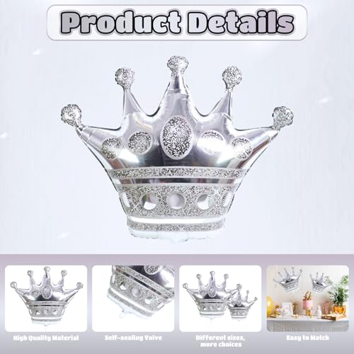 Image of 10 Pcs Silver Crown Balloons Silver Crown Foil Balloons Large Aluminum | Silver Crown Foil Balloons Large Aluminum Foil Balloon With Two Sizes For Birthday Baby Shower King Royalty Theme Party