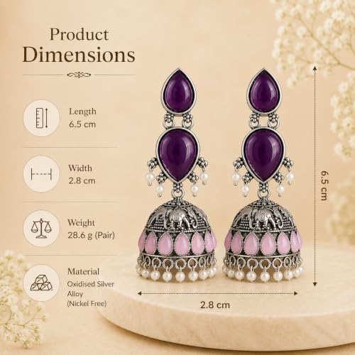 Image of Oxidised Silver Jhumka Earrings with Purple Stones, Pink Teardrop Accents and Pearl Drops