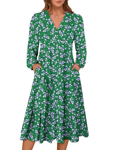 Image of ANRABESS Women's Long Lantern Sleeve Floral Midi Dresses 2026 Fall V Neck Casual Flowy A-line Tiered Boho Vacation Dress