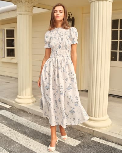 Image of RIHOAS Plaid Gingham Midi Dress Short Sleeve Smocked Dresses for Women | Cotton,Ruffle Puff Sleeves,Vintage Brown,Spring Summer Casual Daily,Picnic,Travel,Vacation,Christmas Festive Occasions