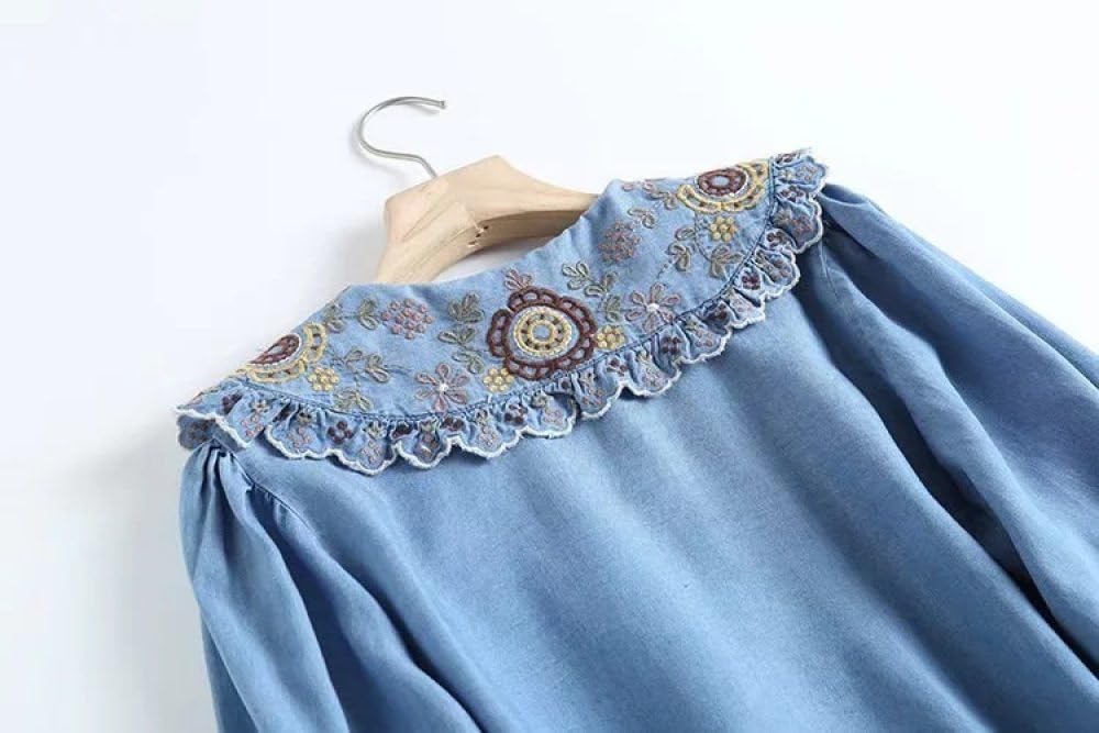 MIDJ Bluse Damen,Elegante Damen Jeanshemdbluse Langarmshirts Rüschen Blumenstickerei Pullover Tunika Business Jeanshemd Lässige Stehkragen Tops für Mädchen