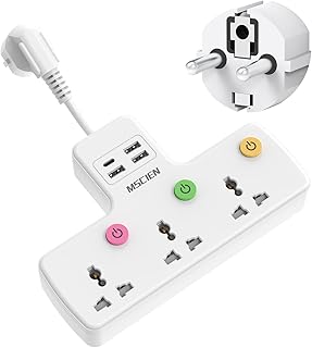 Travel Plug Extension, UK To EU Multi Plug with USB, 3 Way Individual Switched Sockets with USB C Extension Cord (10A/2500W)