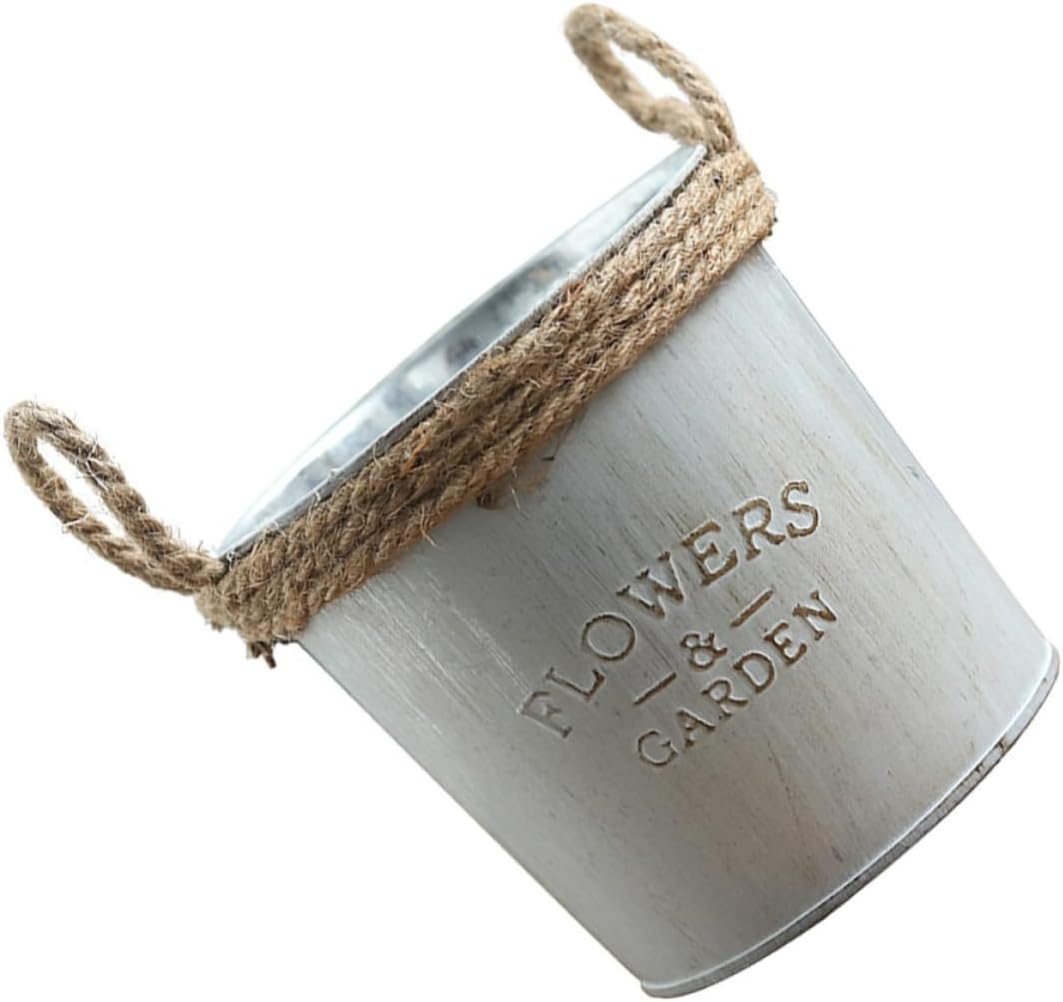 Levemolo Silver Iron Flower Bucket Decor with Rope Handle