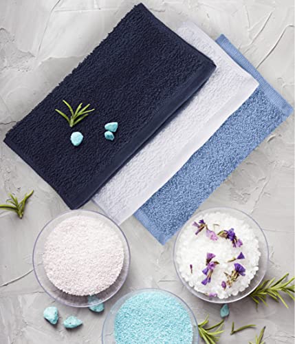 Image of Towel and Linen Mart 100% Cotton - Wash Cloth Set - Flannel Face Cloths, Highly Absorbent and Soft Feel Fingertip Towels (Navy, White & Sky Blue, Pack of 12)