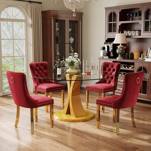 Image of 5-Piece Dining Table Set with 47In Tempered Glass Table and 4 Velvet Upholstered Chairs, Modern Scandinavian Furniture for Dining Room Kitchen(Burgundy&Gold)