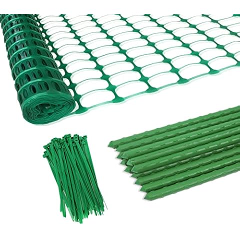 Plastic Safety Fence+12 Steel Plant Stakes,Patio Snow Fence 3 X 50 Feet Green Plastic Garden Netting and 12 3-Foot Stakes Cover