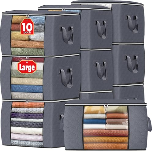 Image of Fab totes 24 Gallons Clothes Storage, Foldable Thick Fabric Blanket Storage Bags, Containers for Organizing Bedroom, Closet, Clothing, Comforter, Organization with Handle (10 Pack,Grey)