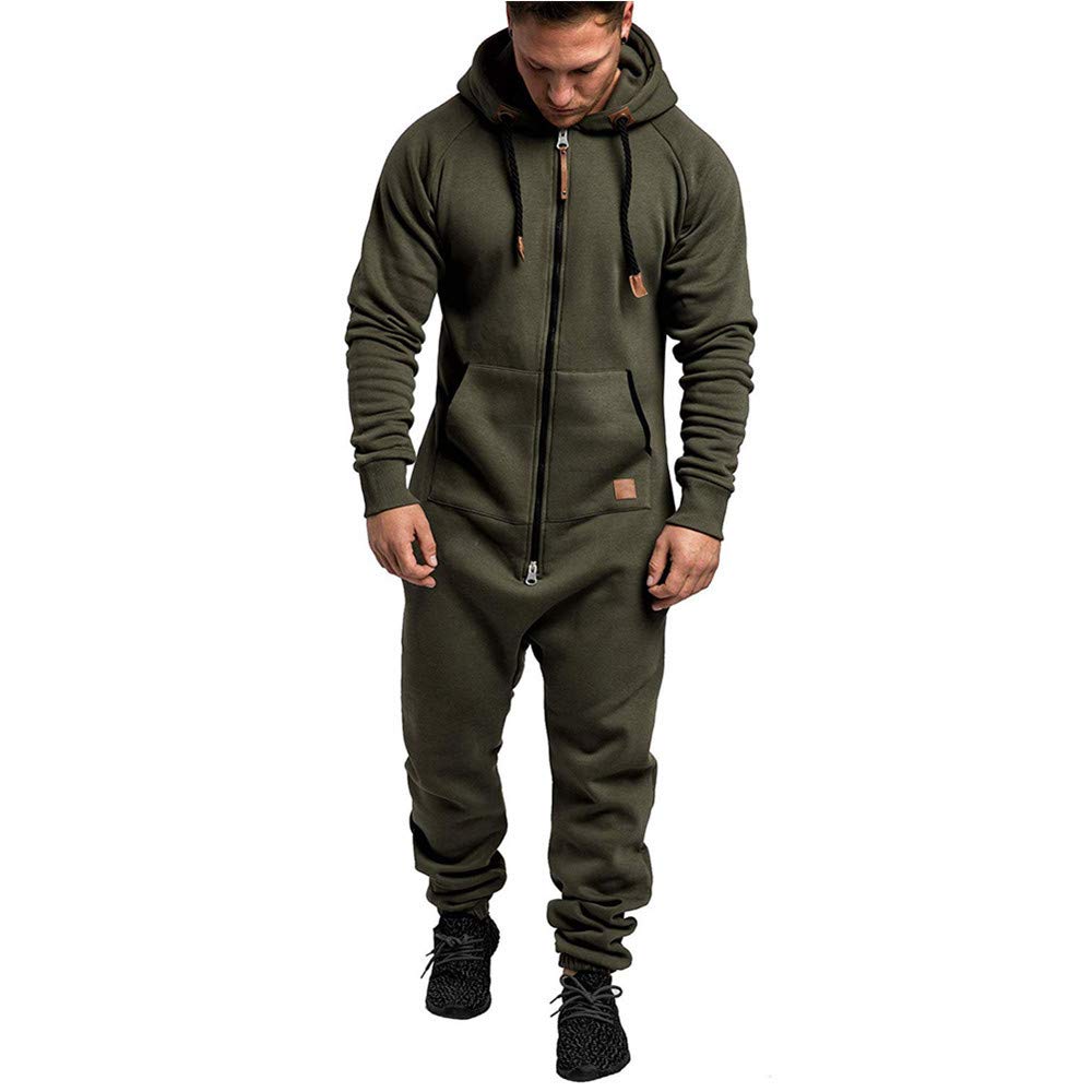 ( Size L ) Mens Fleece Lined Hooded Jumpsuit Full Zip Onesie Rompers One Piece Overalls Jogging Suit Tracksuit with Pockets