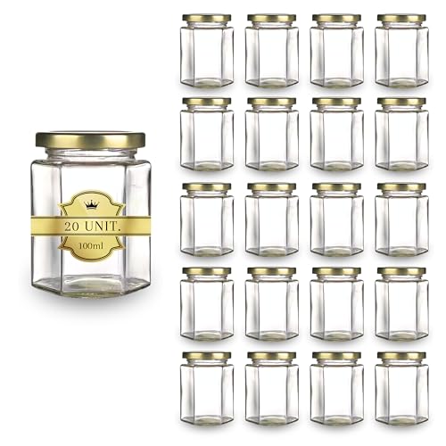20 tarros de miel hexagonales pequeños con tapa de 100 ml, ideal para la conservación de miel, mermelada, especias, yogur, regalo de invitados, bodas, favores de boda y baby shower