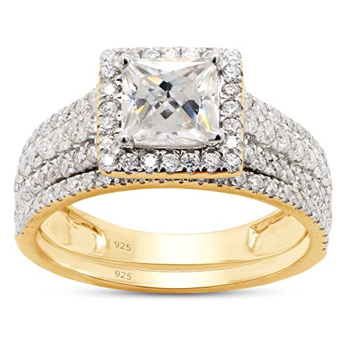 SAVEARTH DIAMONDS 1 1/2 ct. t.w Princess & Round Cut Lab Created Moissanite Diamond Halo Engagement Wedding Band Bridal Set Ring In 14K Gold Over Sterling Silver (VVS1 Clarity, 1.50 Cttw)