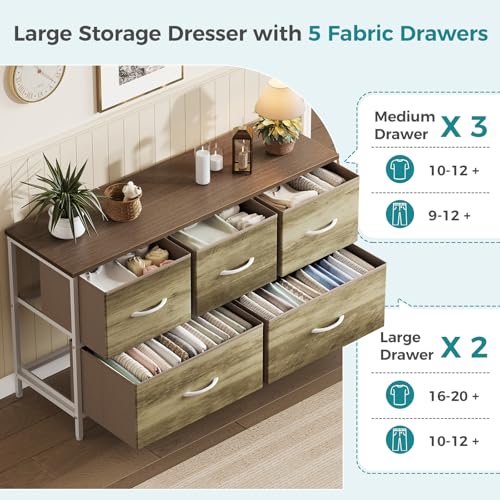 Image of OLIXIS 5 Drawer Dresser for Bedroom, Storage Organizer Unit for Closet | Chest of Drawers for Clothes Storage with Bins, Wide Fabric Bedroom Dresser, Wooden Top, Living Room, Greige Oak