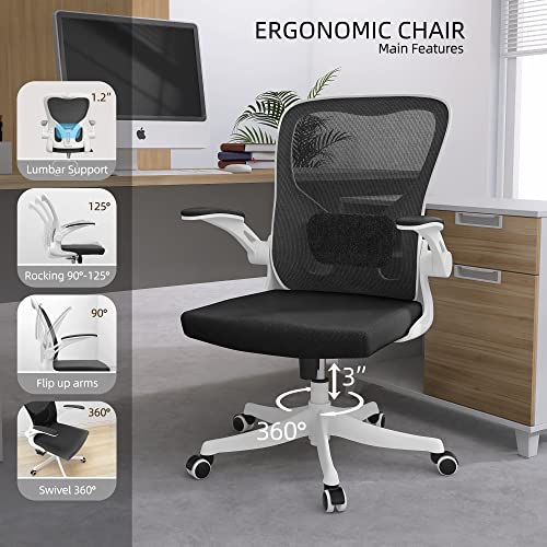 Image of Monhey Office Chair - Ergonomic Office Chair with Lumbar Support & Flip Up Arms Home Office Desk Chairs Rockable High Back Swivel Computer Chair White Frame & Black Mesh Study Chair