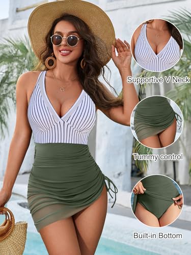 Image of Blooming Jelly Women One Piece Swim Dress Tummy Control Swimsuits Slimming Mesh Sheer Sarong Wraps Bathing Suit