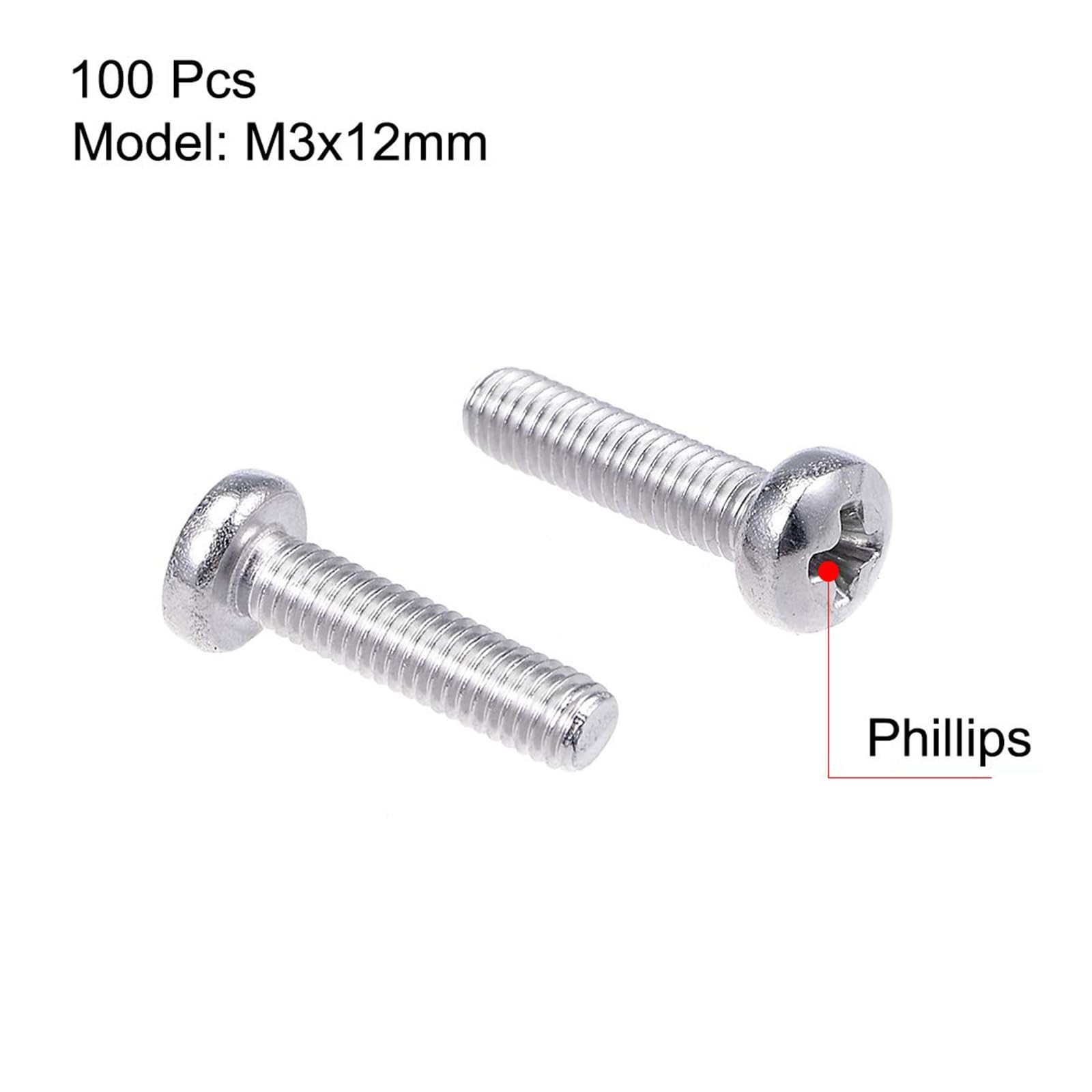 MACHSWON M3x12mm Machine Screws Pan Phillips Cross Head Screw 304 Stainless Steel Round Head Cross Screw Fasteners Bolts 100Pcs - Image 3