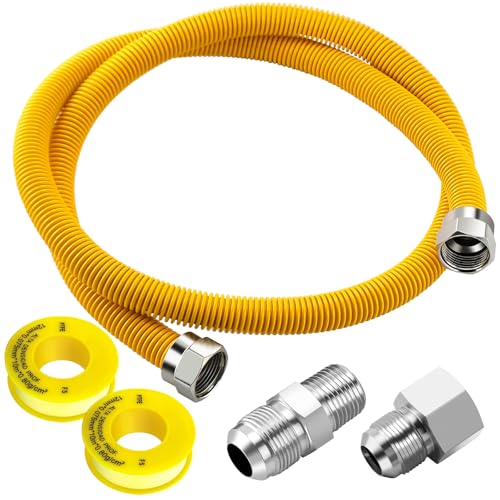 Puxyblue [2026 NEW] 48' Flexible Gas Line Kit for Dryer Stove Range Water Heater - 1/2' OD(3/8' ID) Flexible Stainless Steel Gas Dryer Kit Come with 1/2' MIP x 1/2' FIP Additional Raw Belt