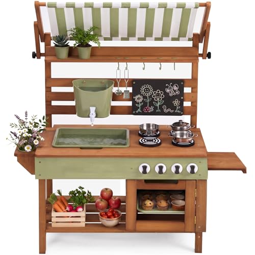Best Choice Products Mud Kitchen for Kids Outdoor Deluxe Wooden Play Kitchen with Canopy Water Tank & Faucet Sink 14-Piece Accessories Gardening Toy Backyard Pretend Cooking Set- Olive