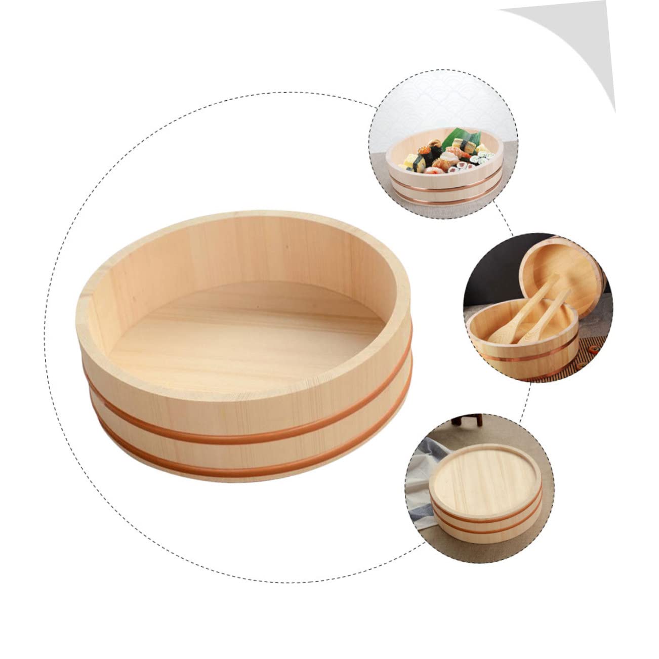 Seau à Sushis Rond en Bois et Cuivre Grosse Capacité Cuisine Japonaise