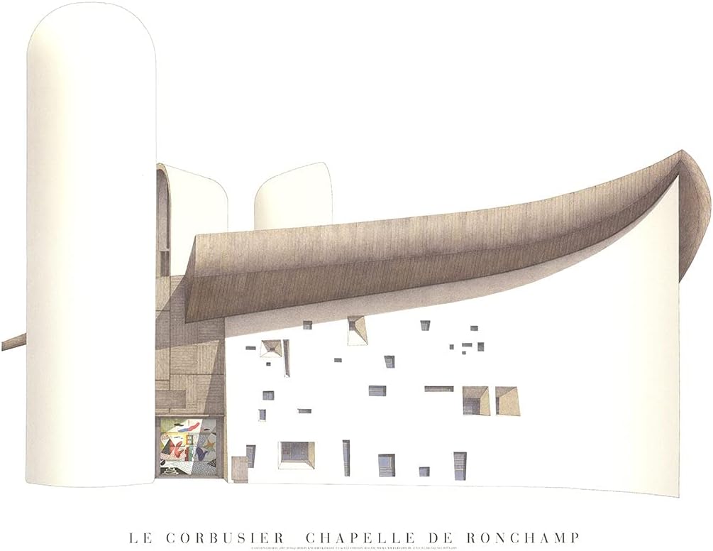Le Corbusier Chapelle de Ronchamp 19.75" x 27.5" Poster Modernism Gray, White Building, Organic, Shapes, Geometry, Form