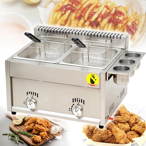 Large Volume Dual Tank Gas Deep Fryer,Commercial Countertop Deep Fryer,2x8L Stainless Steel Kitchen Frying Machine,with 2 Frying Baskets,for Restaurant, Supermarket,