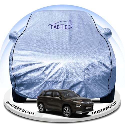Image of FABTEC Metallic Silver Waterproof Car Body Cover for Toyota Urban Cruiser Hyryder Sun, UV and Dust Protection with Mirror Pocket (Reflective Silver with Black Piping)