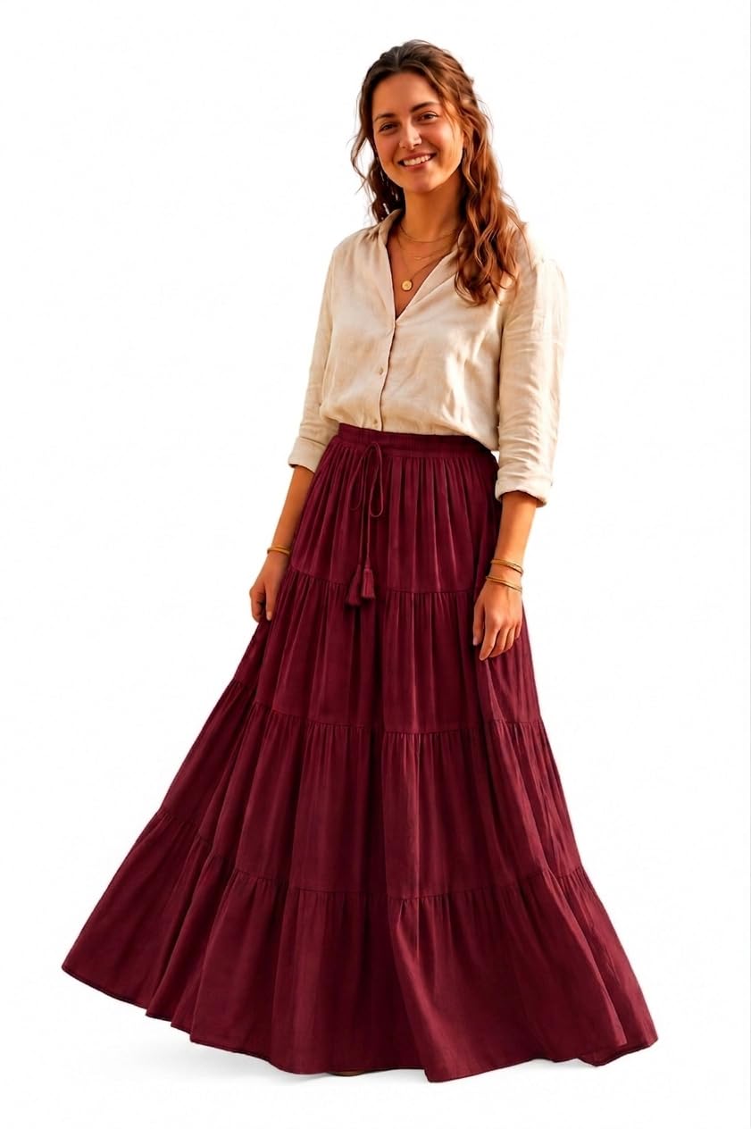 Shriliya Red Black Color Flared Rayon Cotton 4 Tier Skirt Waist Size 28 36 38 L M S 2XL for Regular for Girls & Women-picture-50