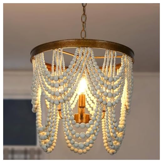 Uolfin Beaded Chandeliers for Dining Room, 2-Tier Boho Chandelier Light Fixture, Modern Farmhouse Wood Bead Light Fixture in Antique Gold Finish for Bedroom, Foyer, Living Rooms, 15.7’’ Dia