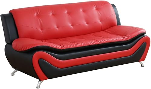 Miniatura 26 de Cómodo sofá moderno de piel sintética para sala de estar pequeña, dormitorio, oficina, apartamento para espacios pequeños (negro y rojo, asiento