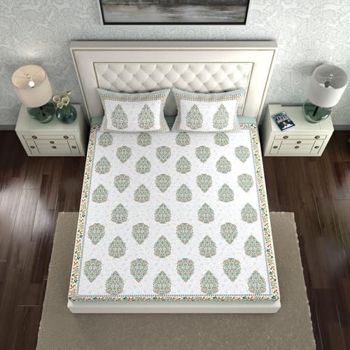 Image of La Verne 140 TC 100% Cotton King Size Jaipuri Rajasthani Print Bedsheet with 2 Pillow Covers