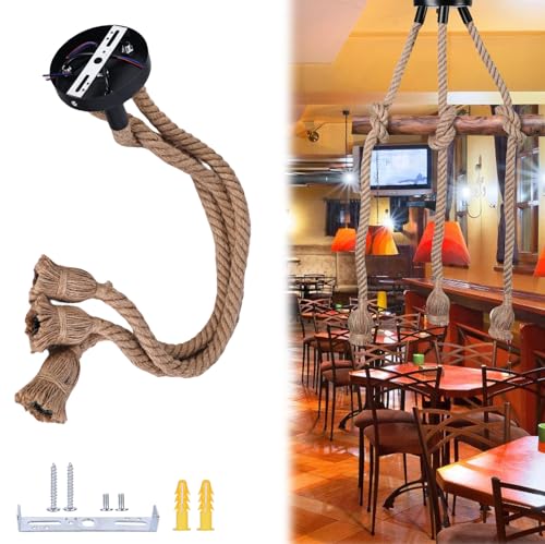 Nizirioo Lampadario a Sospensione Vintage 3 Teste - Corda di Canapa 100 cm - Lampada Retrò E27 Con Cavo Creativo