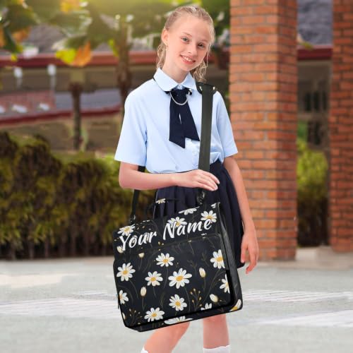 Image of Custom 3 Ring Zipper Binder White Daisy Flower Black Personalized Name 1.5 Inch Binders Large Capacity Multi Pockets for School Office Supplies
