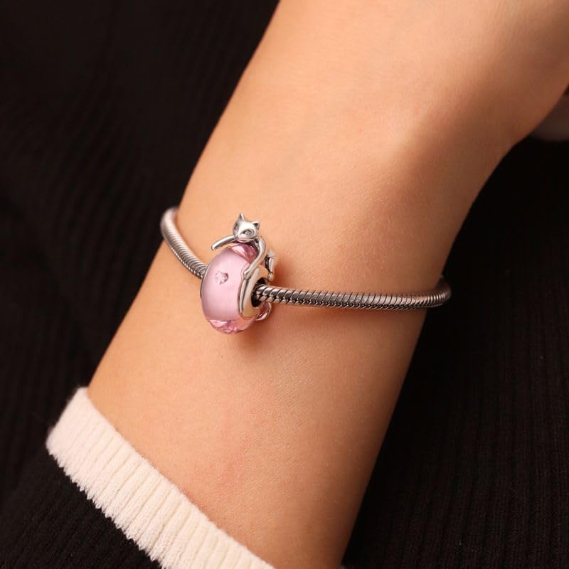 GNOCE Cute Cat Lying on Pink Glass Charm for Her, S925 Sterling Silver Bead Charm for Women Wife, Valentine‘s Day, Mother’s Day