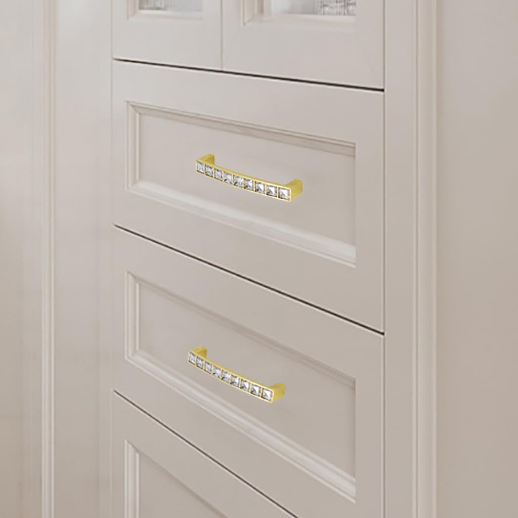 10 Pack Gold U Shape Crystal Glass Rhinestone Cabinet Pulls Knobs Handles,Modern Decorated Shiny Dresser Drawer Konbs Pulls Handles for Cupboard Wardrobe Dresser (10 Pack, 3.8" Hole Centers)