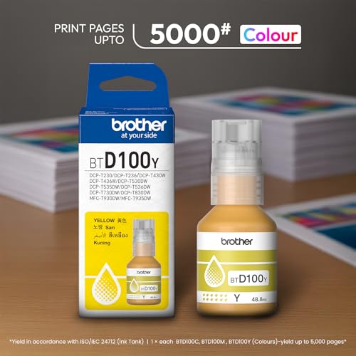 Image of Brother Genuine BTD100Y High Yield Yellow Ink Bottle, 5000 Page Yield Compatible for Brother DCP-T236, DCP-T230, DCP-T436W, DCP-T430W, DCP-T535DW, DCP-T530DW, DCP-T730DW, DCP-T830DW, MFC-T930DW