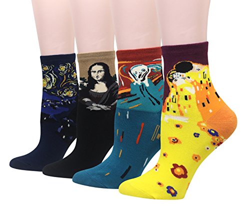 Cansok Famous Painting Socks Calf Mona Lisa Starry Night Van Gogh The Crew Novelty Women 5 Pairs