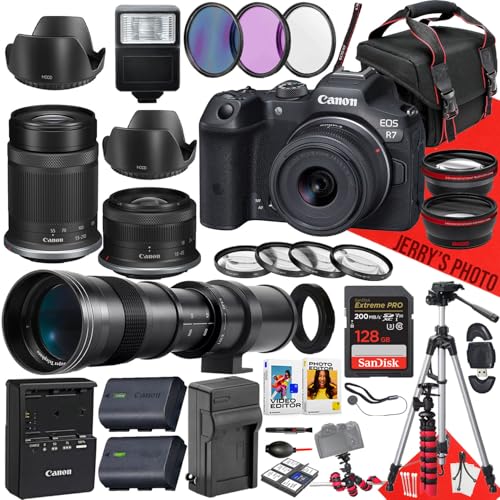 Canon EOS R7 Mirrorless Camera with RF-S 18-45mm f/4.5-6.3 IS STM, RF-S 55-210mm f/5-7.1 IS STM and 420-800mm f/8.3 HD Telephoto Zoom Lens + 128 GB Memory + More (38pc Bundle) (Renewed)