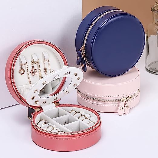 Image of Round Portable Travel Jewelry Case Storage Mini Box, Small Mirror Earrings, Necklace, Jewelry, Ring Cosmatic Organizer Storage Holder Boxes.