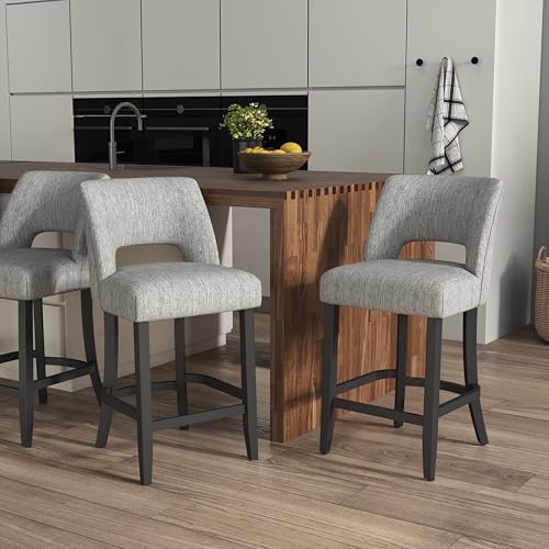 Image of VKNOW Bar Stools Set of 2, 26 inch Upholstered Counter Height Bar Stools | Modern Counter Stools with Black Rubberwood Legs for Kitchen Island Dining Room Bar, Light Grey-Black Legs
