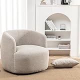 KINWELL 34' Wide Boucle Swivel Barrel Chair, No Assembly Round Upholstered Armchair Accent Chair Single Sofa Chair with Toss Pillow for Living Room and Bedroom, Taupe