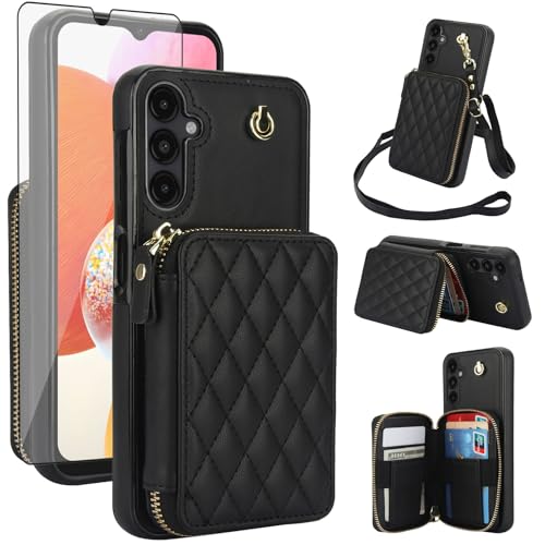 Phone Case for Samsung Galaxy A15 5G/4G Wallet Cell Cover with Tempered Glass Screen Protector Wrist Crossbody Strap Lanyard Stand RFID Blocking Credit Card Holder Slot A 15 G5 15A Women Girls Black