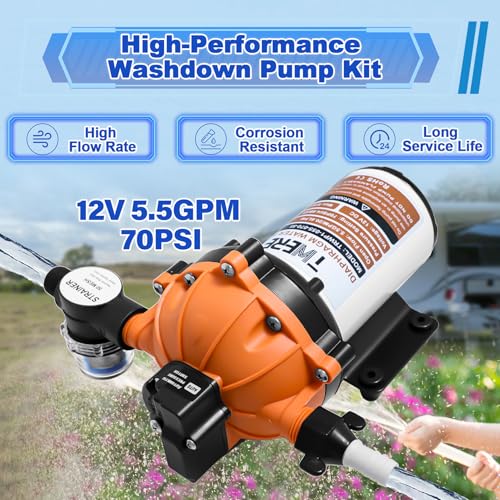 Image of Upgraded 5.5 GPM 70 PSI Washdown Deck Wash Pump Kit, 12V Washdown Pump Kit,5 Chamber Self-Priming RV Fresh Water Pump for RV,Boat,Sprayer,Travel Trailers,and Yacht