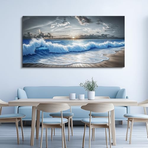 PHAOHUAXM Large Canvas Wall Decor For Living Room Wall Art For Bedroom Office Dining room Decor Modern Black White And Blue Ocean Wave Painting Printed Artworks Wall Pictures Home Decor 24"X48"