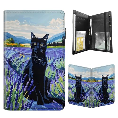 FQSXFIFN Leather Server Book for Waitress, Cute Server Book with Zipper Money Pocket,Check Presenters Waitstaff Organizer Fit Server Apron, Lavender Cat Serving Books, Black Waiter Books for Servers