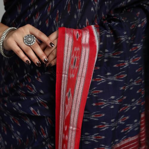 Image of ODISHAHANDLOOM Sambalpuri Pure Cotton Handloom Saree, Traditional Ikat Pattern, Red and Green, Without Blouse