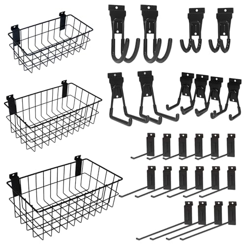 NeatiEase 29 PCS Slatwall Accessories Kit for Garage Rooms Shops Storage, Slat Wall Accessory Includes 3 Pack Slatwall Baskets Set and 26 PCS Multisized Heavy Duty Slatwall Hooks