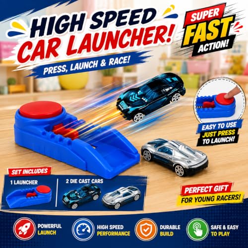 Image of WISHKEY Car Launcher Toy for Kids with 2 Die-Cast Cars, Mini Racing Car Launcher Set, Push Button High Speed Launch Track, 1:64 Scale Metal Sports Cars, Indoor Racing Game, Gift for Boys Age 3+ Years